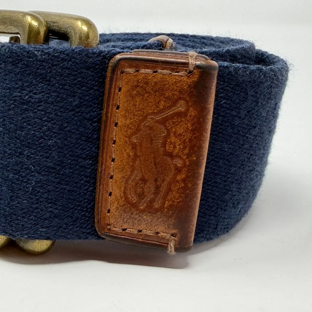 Polo Ralph Lauren Mens Navy Blue Canvas Web Belt Double D-Ring Brass Buckle 42in